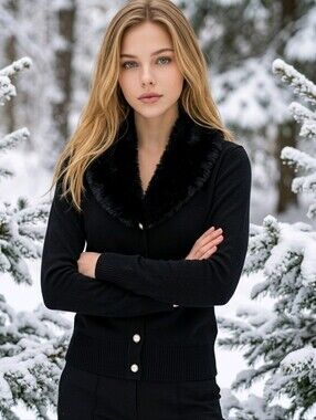 NWT Vintage NYgard Collection Black Cardigan Small Genuine Rabbit Fur Collar